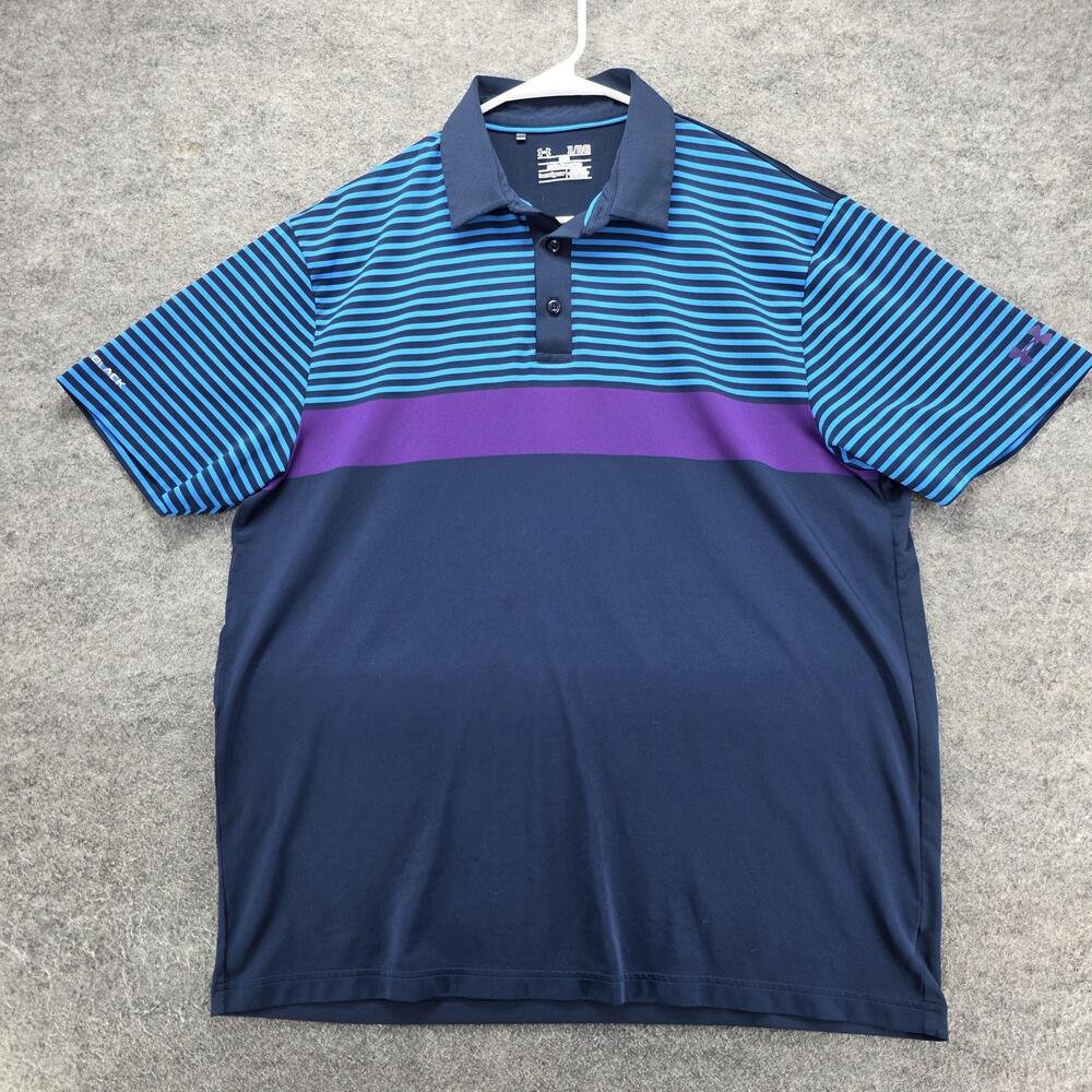 Under Armour Polo Shirt Mens XL Blue Striped HeatGear Golf Moisture Wicking